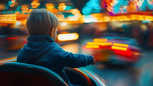 Small rider steers through swirling neon carnival dreams