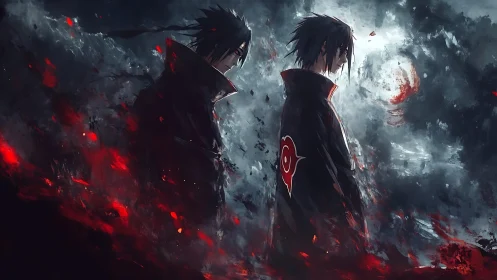 Two cloaked figures stand in a turbulent red and gray field