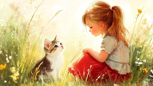Girl and Kitten Connect in Sunlit Wildflower Meadow.