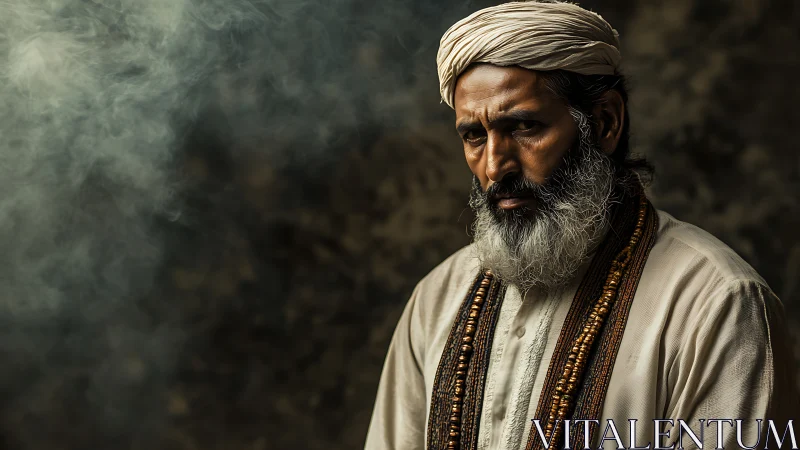 Elderly bearded man in turban under dramatic side lighting