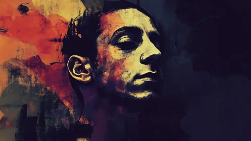 Bold painted portrait glows against deep shadows and ember hues