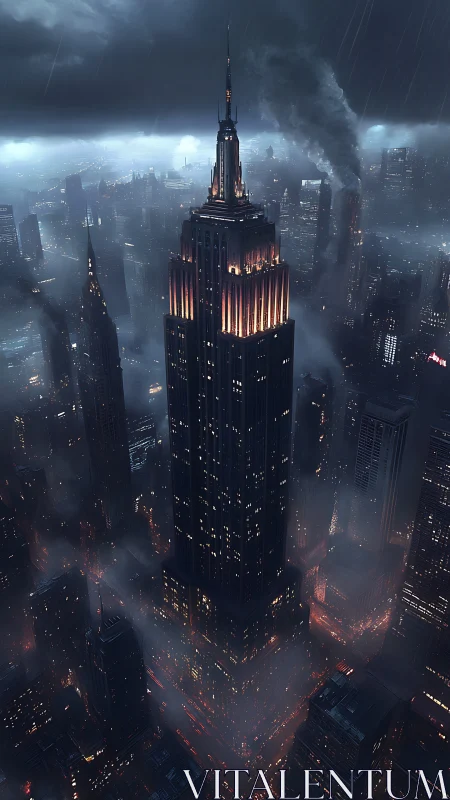 Storm-lit neo-noir skyscraper with volumetric fog and rim lighting