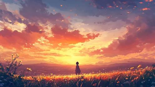 Solitary figure watches blazing sunset over glowing meadow.