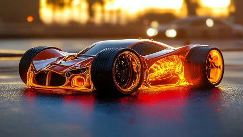 Futuristic molten-metal supercar glows on wet city street.