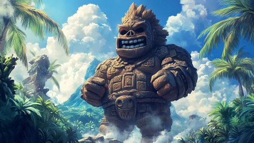Giant carved stone tiki golem towers above tropical jungle