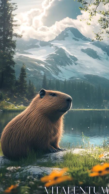 Capybara resting by alpine lake beneath snowy peaks.
