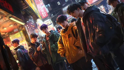Urban youth gather under neon lights in a rain-soaked alley