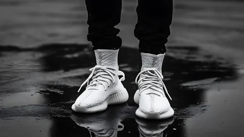 Minimalist white sneakers on wet asphalt pavement at dusk.