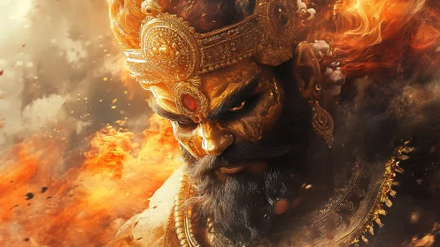 Fiery warrior demigod with ornate golden crown in flames.