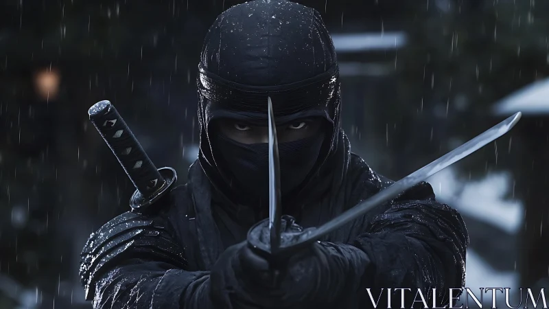 Armored ninja in rain holds twin blades in frontal combat stance