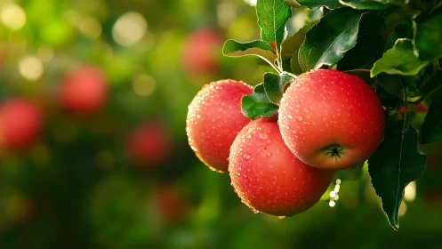 Ripe red apples with water droplets on tree branch.