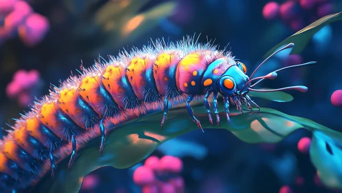 Neon macro caterpillar rendered with volumetric bokeh and rim light