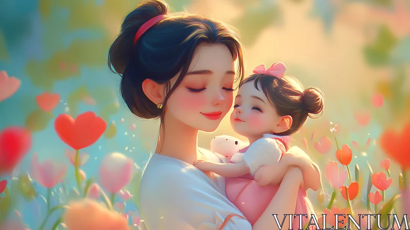 Woman Holding Child in Heart-Shaped Flower Field