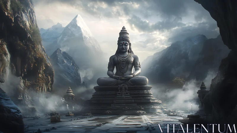Colossal Shiva statue in misty Himalayan mountain valley.