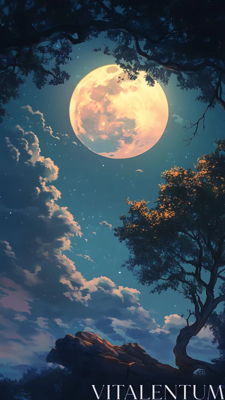 Moonrise over whispering clouds and a lone dreaming tree.