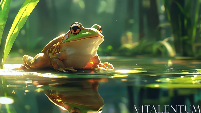 Sunlit semi-submerged frog on reflective pond surface at dawn.
