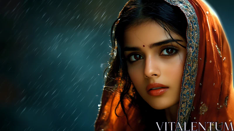 Portrait of woman in embroidered veil under rainfall