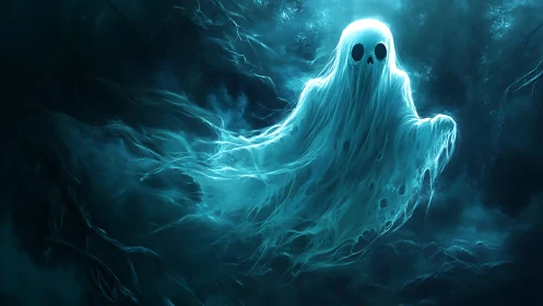 Translucent spectral figure in diffuse blue nocturnal mist.