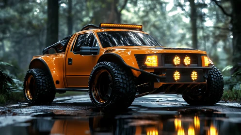 Off-road orange truck glows defiantly in a misty forest trail