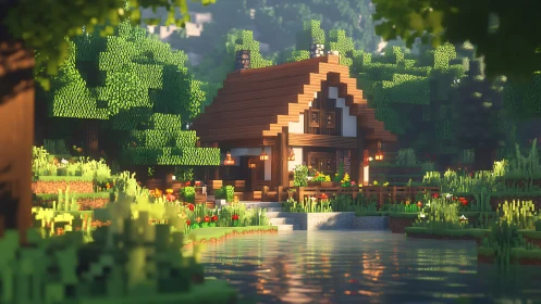 3D voxel woodland cottage with lakeside lighting study.
