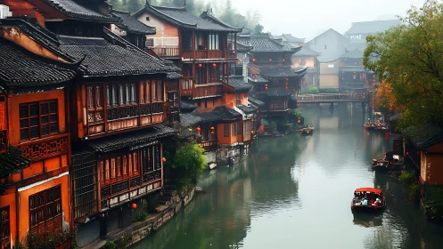 Foggy canal with stilted wooden riverside houses and small tour boats