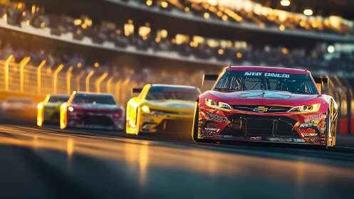 Stock cars advance along banked oval track under stadium lights