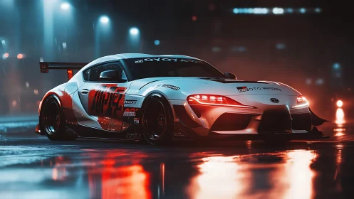 Modified white sports coupe on wet city street at night.