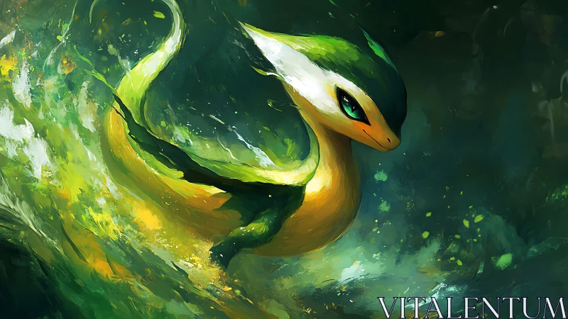 Graceful green serpent drifting through glowing forest light.
