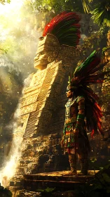 Warrior in feathered armor stands before carved stone monument