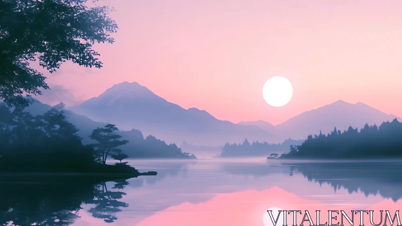 Serene pastel lake sunrise with misted mountains reflected
