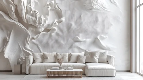 White sofa in front of sculpted floral feature wall décor.