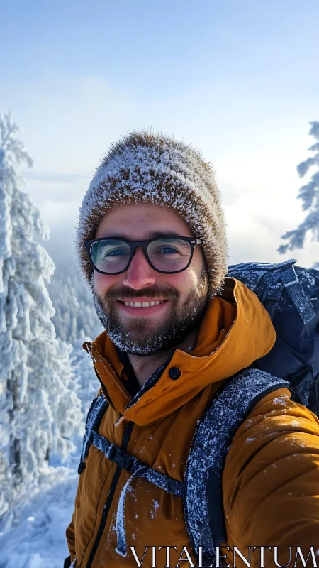 Frost-kissed hiker grins into a blue and whispery winter sky