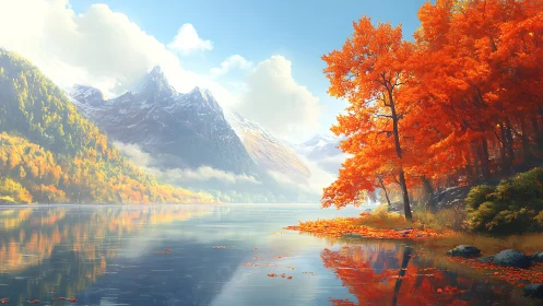 Autumn mountain lake with vivid orange forest reflections.