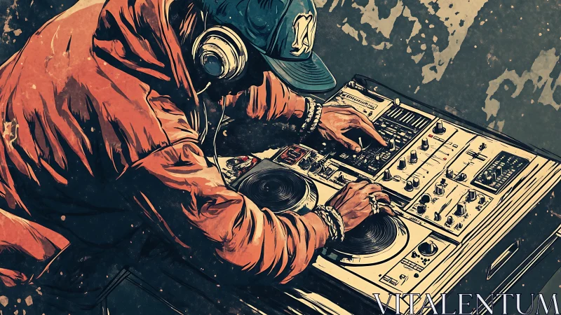 DJ operates dual turntables and mixer with dynamic motion