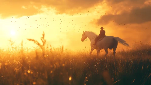 Lone rider on white horse crossing meadow at sunset