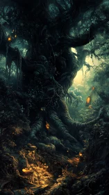Bioluminescent arboreal colossus in nocturnal forest core.