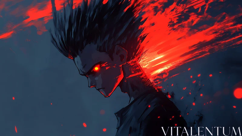 Incandescent rage vectorized as red energy plume portrait.