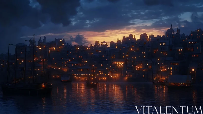 Harbor city aglow with lantern lights at calm blue dusk.