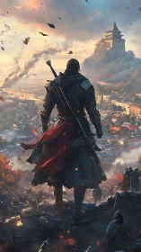 Armored tactician surveying embattled citadel skyline panorama.