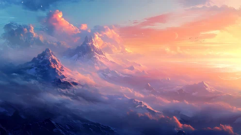 Celestial dawn ignites dreamlike mountains above cloud seas.