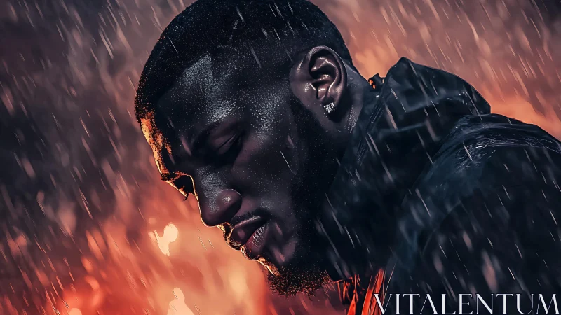 Cinematic portrait in rain with dramatic rim lighting focus.