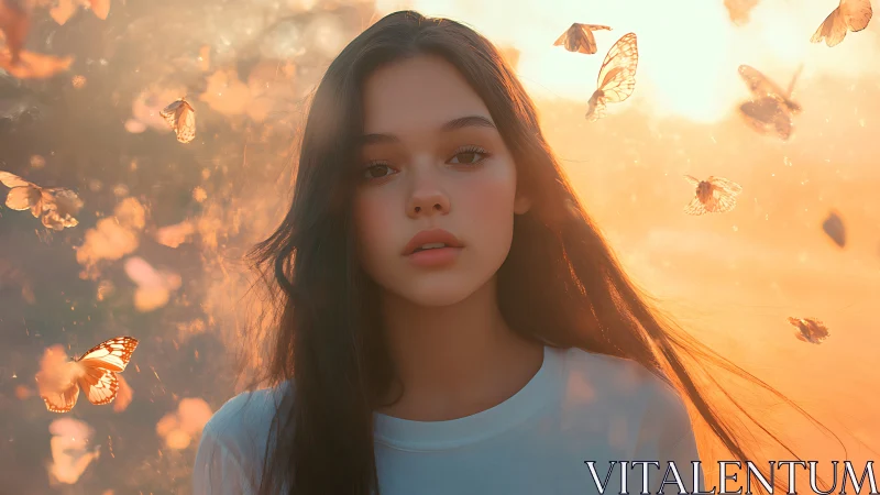 Young woman in soft sunset light surrounded by butterflies.