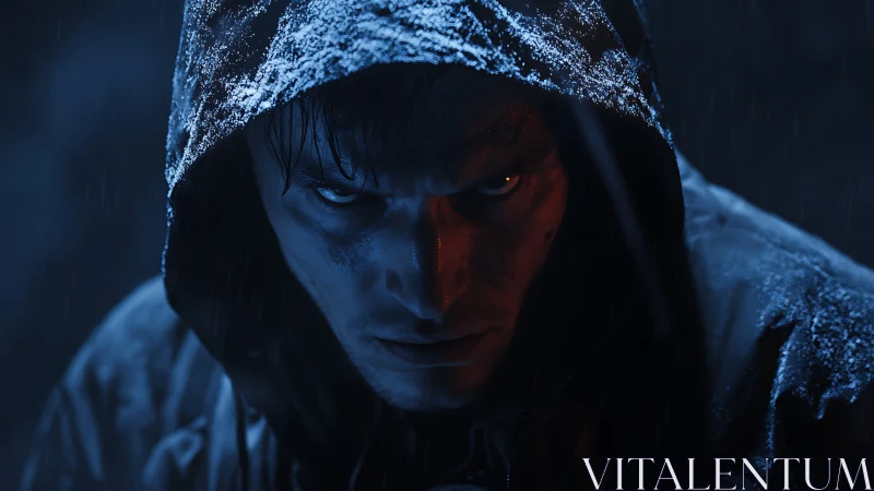Hooded man in rain with intense stare and cold blue light.
