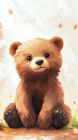 Cute brown bear cub sitting on ground in soft light.