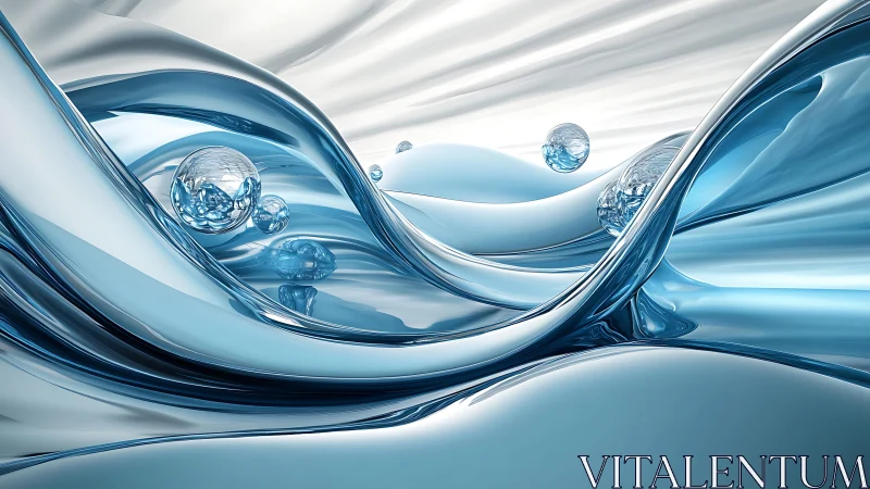 Abstract Liquid Waves and Spheres in Futuristic Blue Tone Art.