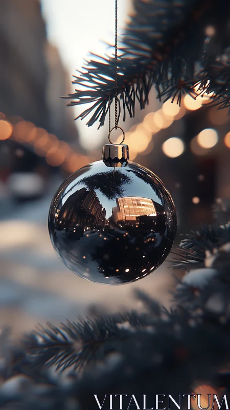 Chrome ornament reflects winter city lights at dusk.