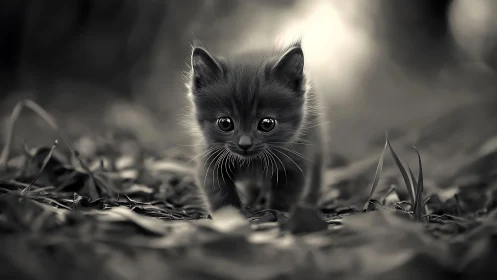 Black Kitten with Wide Eyes in Monochrome Garden.
