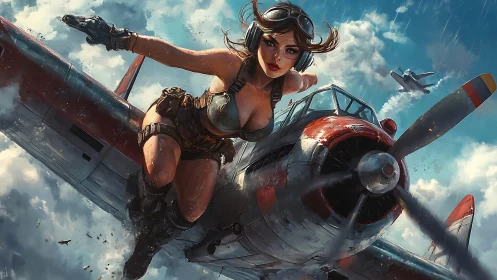 Woman clings to damaged fighter plane in dynamic sky scene