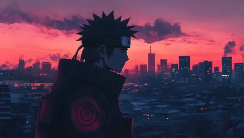 Silhouetted shinobi profile over neon dusk urban skyline