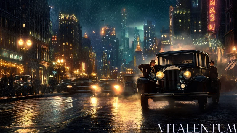 Rainy noir city street with vintage car and glowing lights.